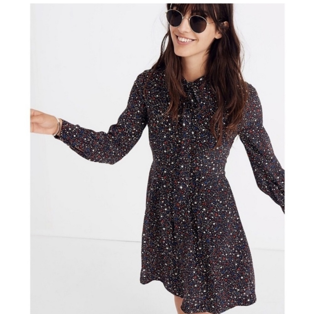Madewell Silk Balsam Tie-Neck Dress Starry Night Size Size 2 Black Red Blue